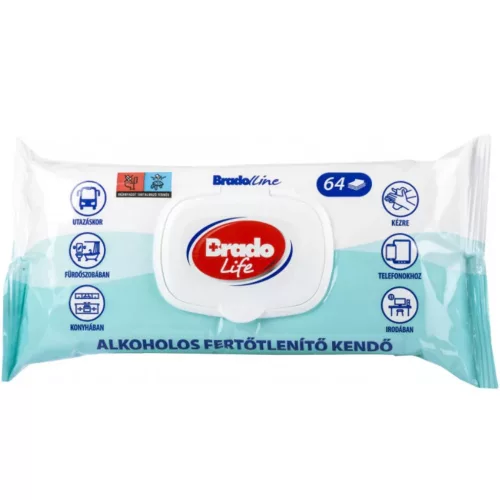 Bradolife alkoholos fertőtlenítő kendő 64db zárófedeles
