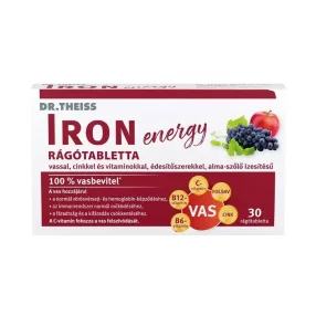   Dr.Theiss iron energy rágótabletta vassal, cinkkel és vitaminokkal alma-szőlő ízben 30 db