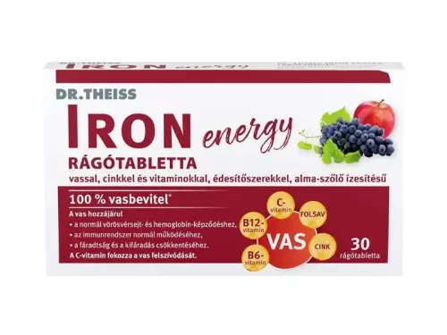 Dr.Theiss iron energy rágótabletta vassal, cinkkel és vitaminokkal alma-szőlő ízben 30 db
