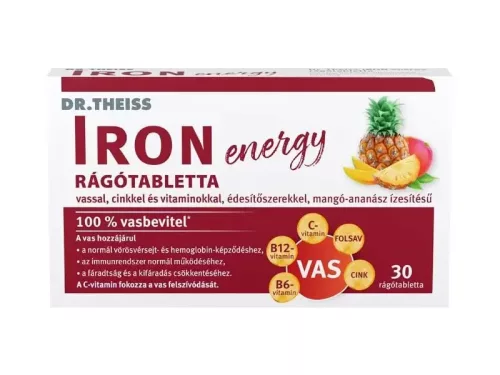 Dr.Theiss iron energy rágótabletta vassal, cinkkel és vitaminokkal mangó-ananász ízben 30 db