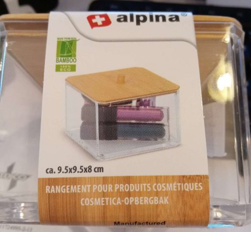 Kozmetikai tárolódoboz műanyag bambusz tetővel 9,5x9,5x8 cm alpina